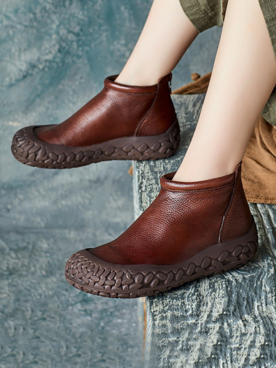 Women Autumn Casual Pure Color Leather Zipper Flat Boots