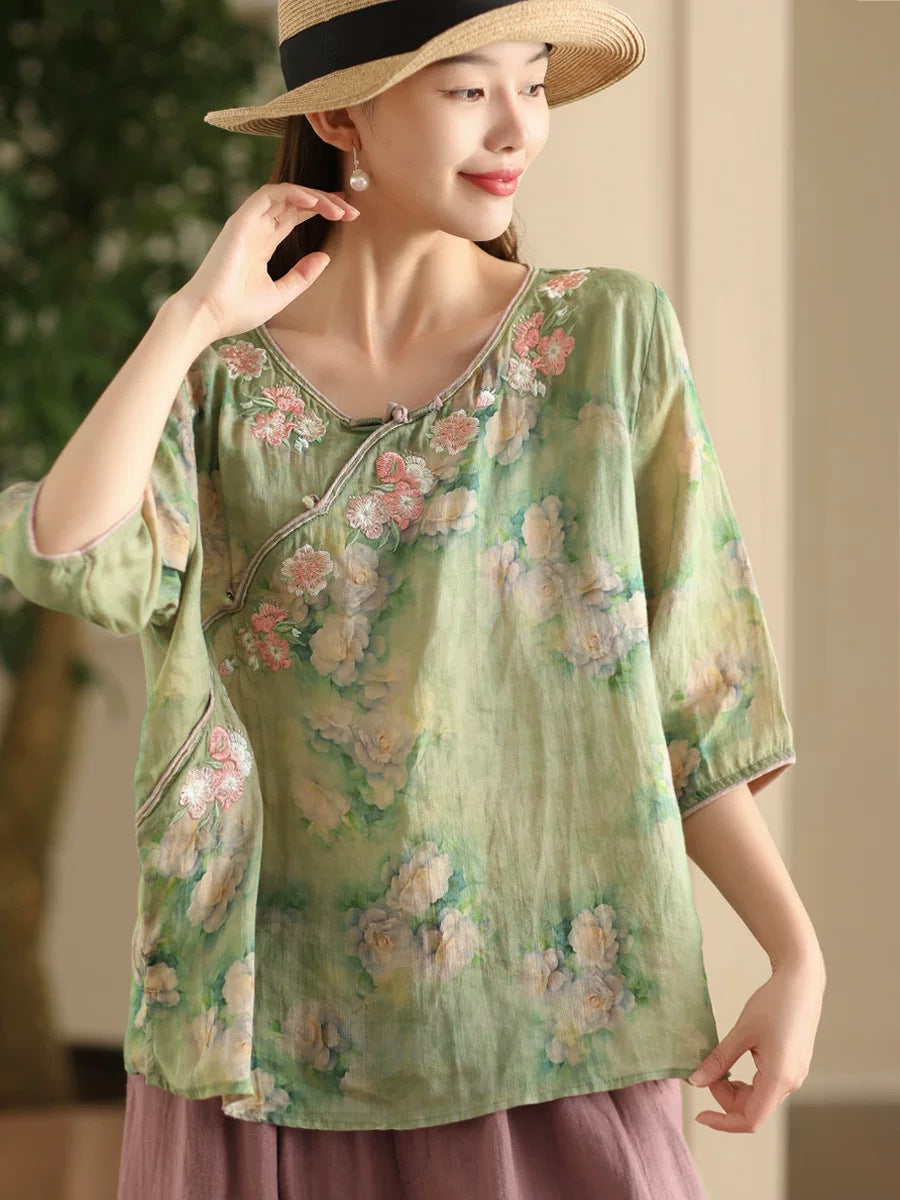 Women Summer Artsy Flower Embroidery O-Neck Shirt