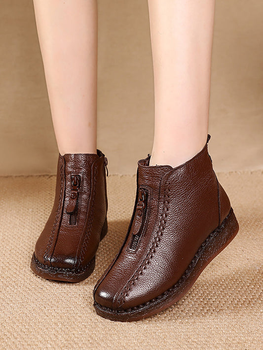 Women Winter Vintage Leather Fleece-lined Low Heel Boots