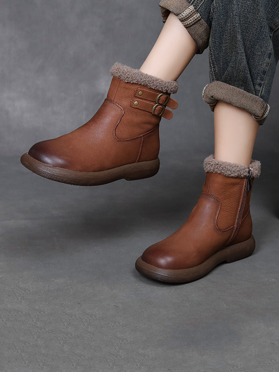 Women Winter Vintage Genuine Leather Fleece-lined Boots