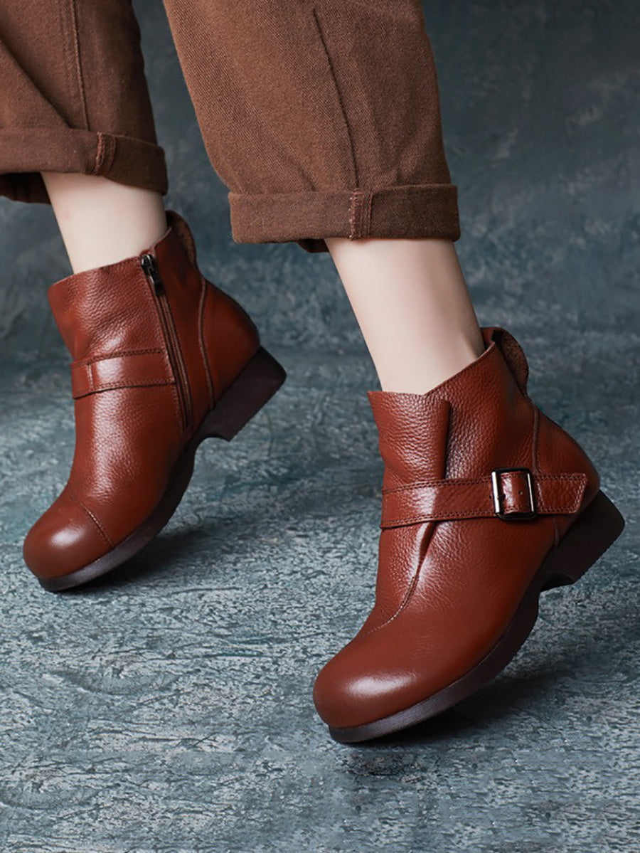 Women Vintage Autumn Soft Leather Buckle Low Heel Boots