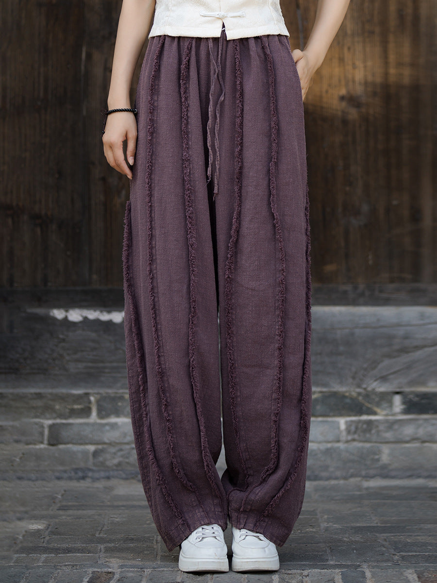 Women Ethnic Solid Raw-edge Wide-leg Ramie Pants