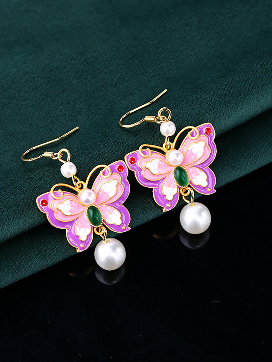 Women Vintage Enamel Butterfly Pearl Sliver Earrings