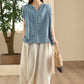 Women Summer Vintage Plaid V-Neck Loose Linen Shirt