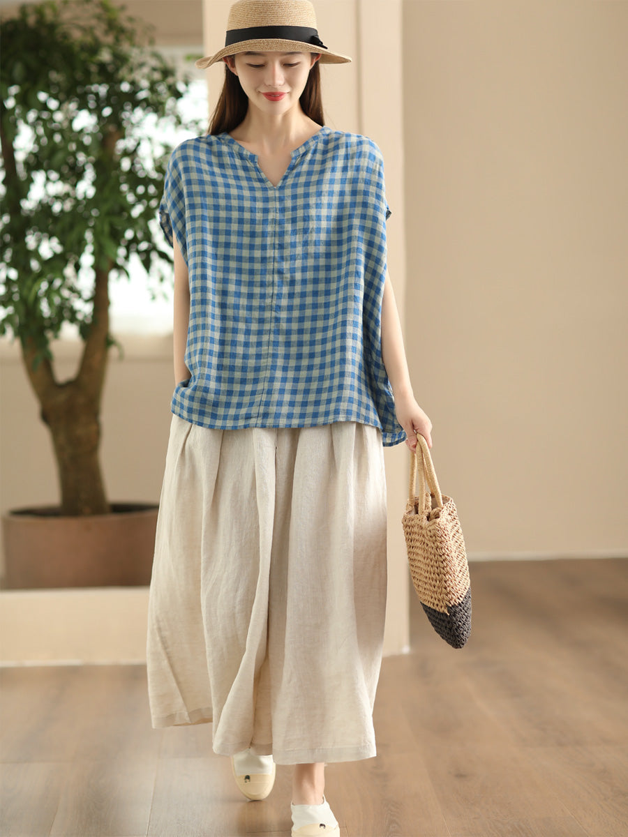 Women Summer Vintage Plaid V-Neck Loose Linen Shirt