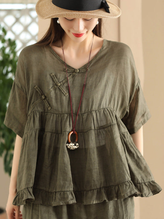 Women Summer Vintage Agaric Lace Spliced Ramie Shirt