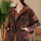 Women Vintage Autumn Flower Button Cotton Linen Hooded Coat