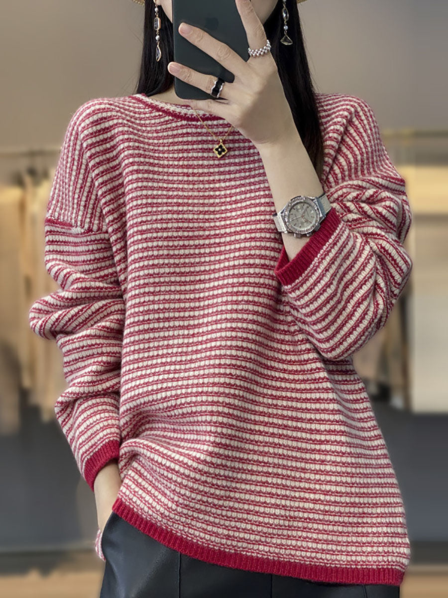 Women Autumn Casual Stripe O-Neck Wool Knit Sweater