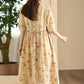 Women Summer Artsy Flower O-Neck Ramie Dress