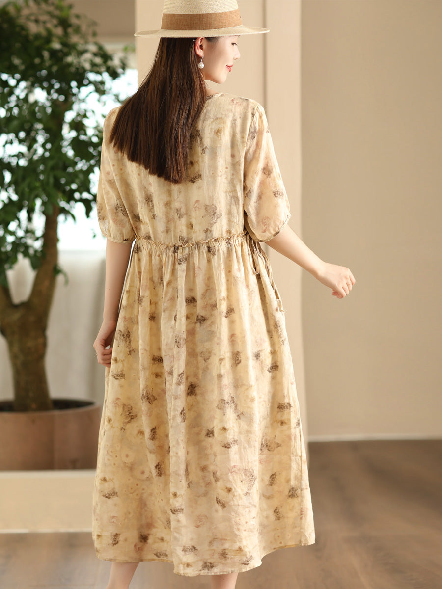 Women Summer Artsy Flower O-Neck Ramie Dress