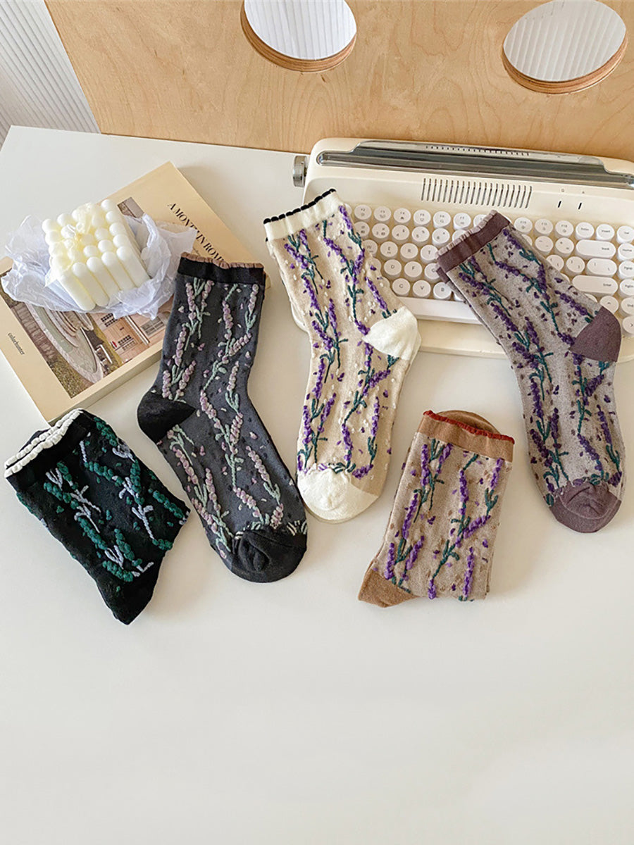 5 Pairs Women Flower Jacquard Colorblock Cotton Socks