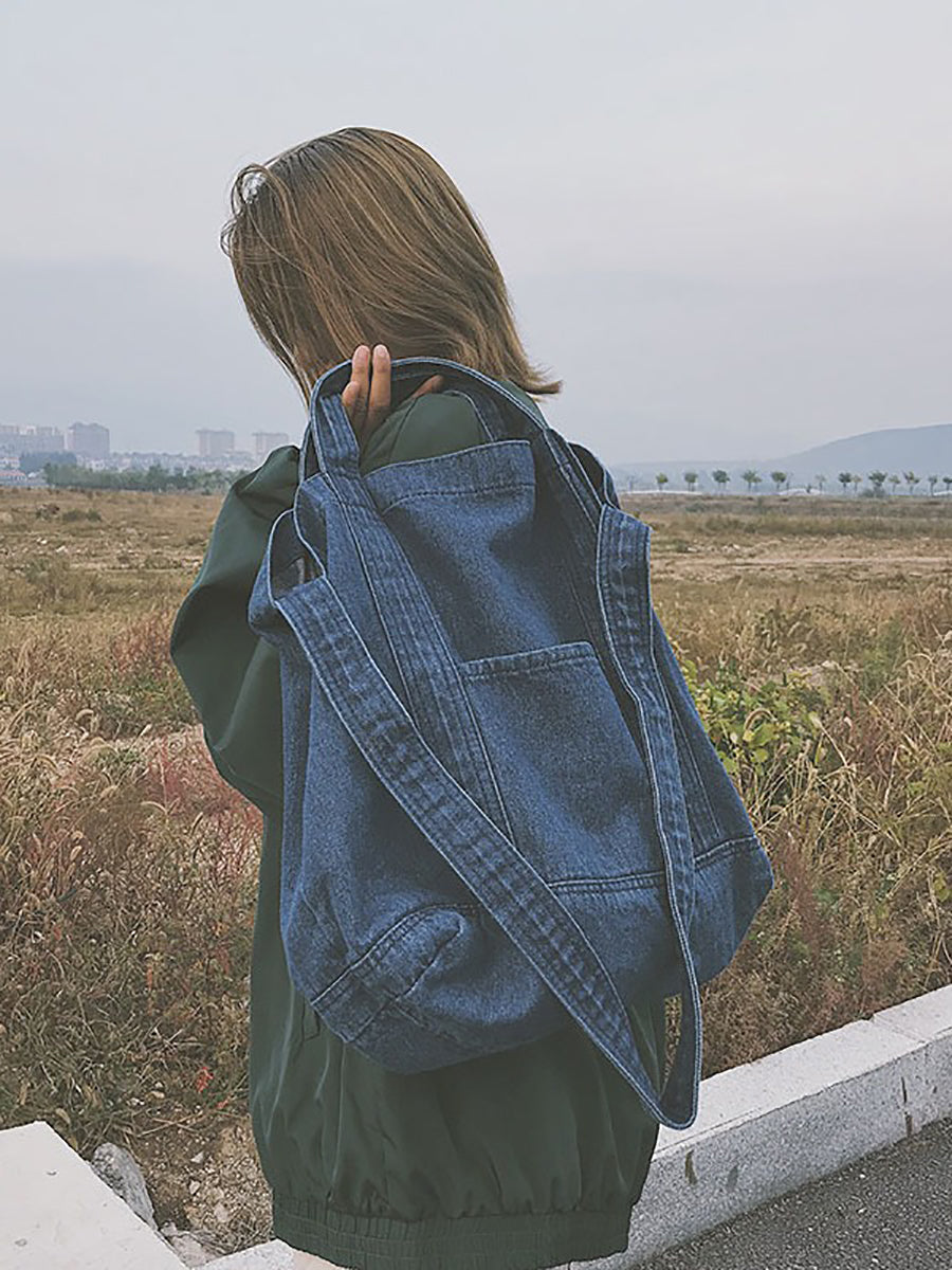 Vintage Solid Denim Spliced Shoulder Bag Handbag