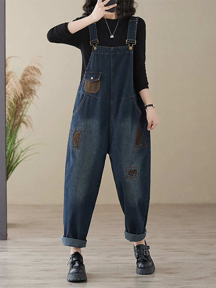 Women Autumn Retro Patchwork Denim Pocket Jumpsuits