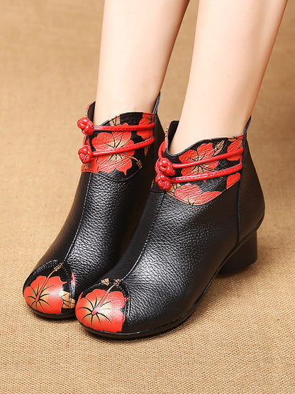 Women Retro Genuine Leather Flower Spliced Chunky Heel Boots