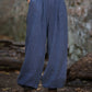 Women Vintage Autumn Solid Loose Ramie Cuffed Pants