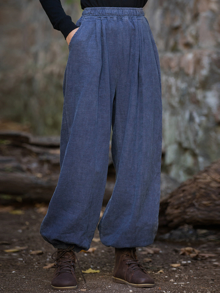 Women Vintage Autumn Solid Loose Ramie Cuffed Pants