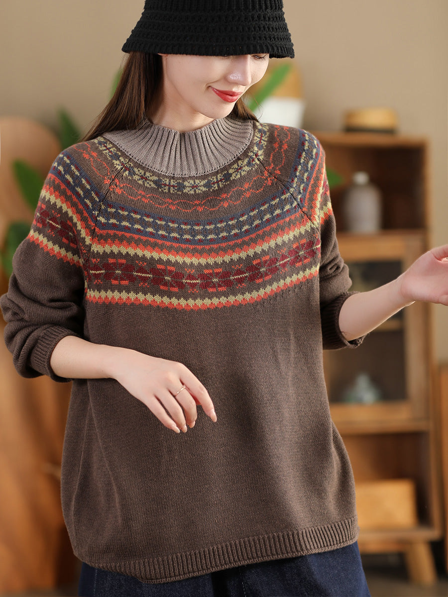 Women Vintage Autumn Jacquard Half Turtleneck Sweater