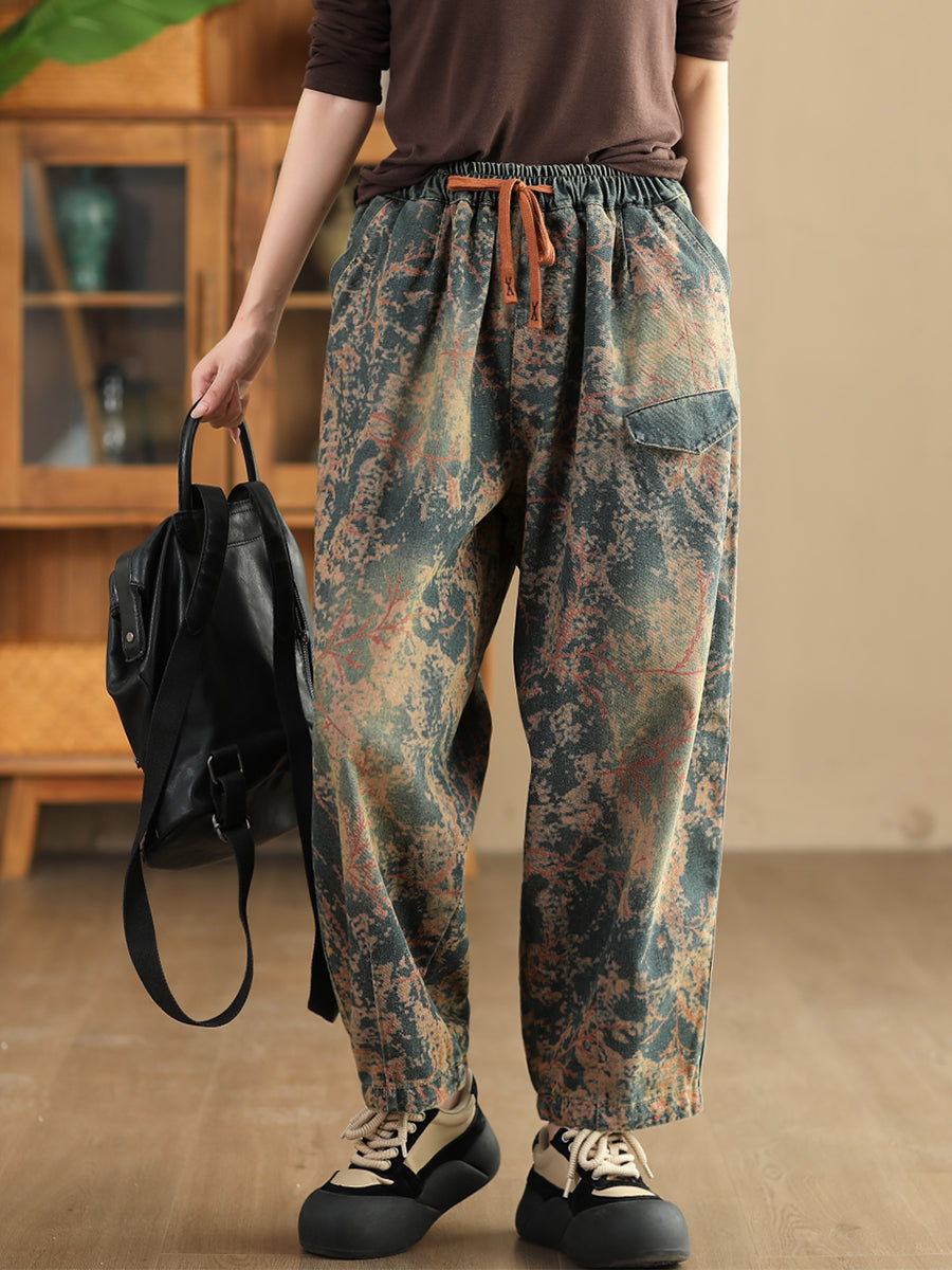 Women Casual  Tie-dye Autumn Strap Denim Harem Pants