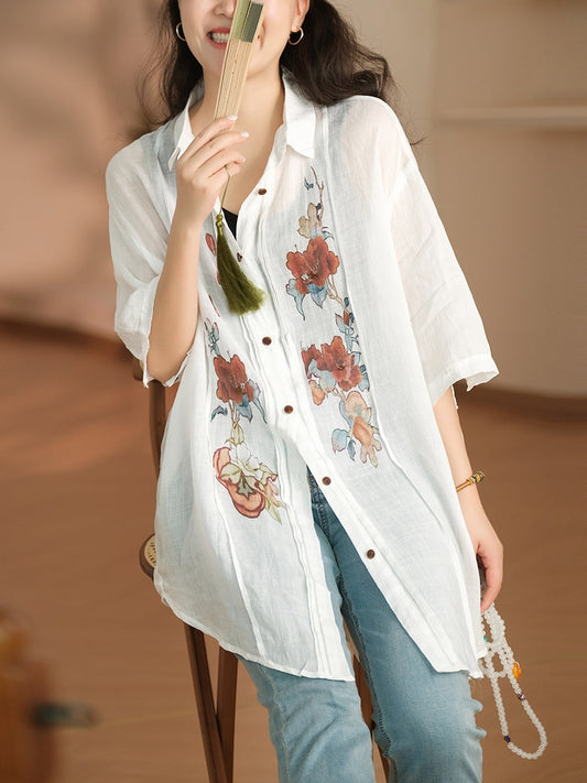 Women Summer Artsy Flower Shirred Button-up Ramie Shirt