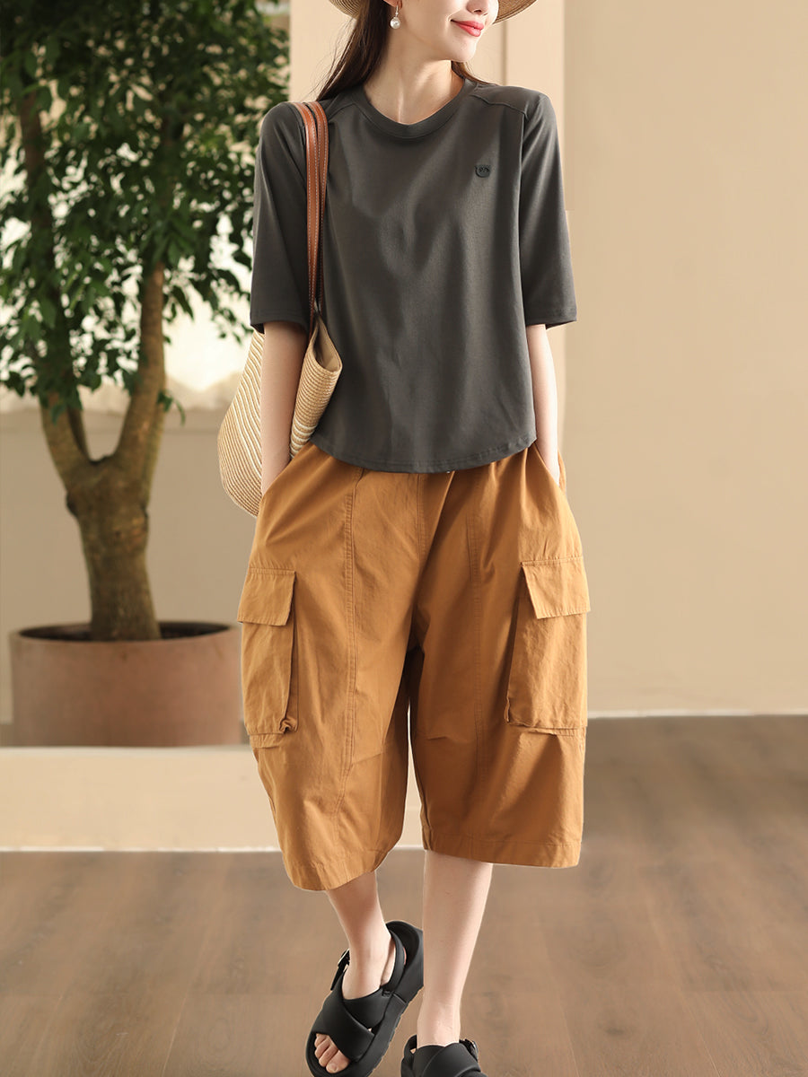 Women Summer Casual Solid Pocket Loose Cotton Fifth Pants