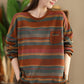 Women Casual Autumn Colorblock Stripe O-Neck Cotton Sweatshirt