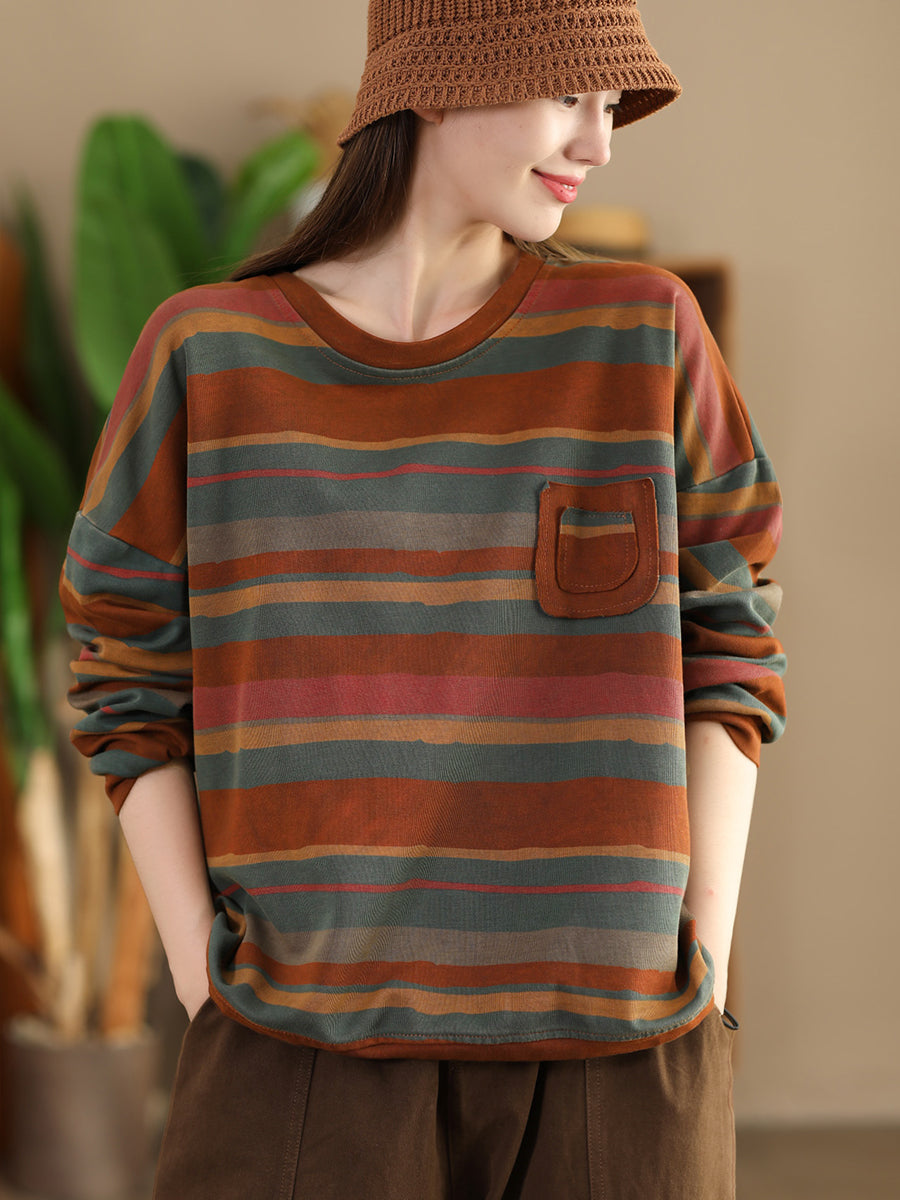 Women Casual Autumn Colorblock Stripe O-Neck Cotton Sweatshirt