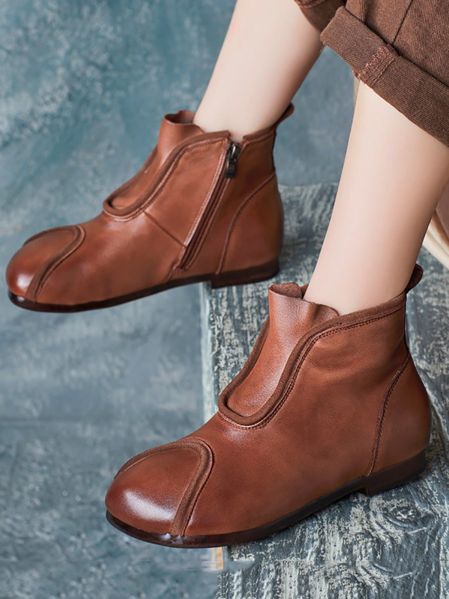 Women Genuine Leather Spliced Solid Low Heel Ankle Boots