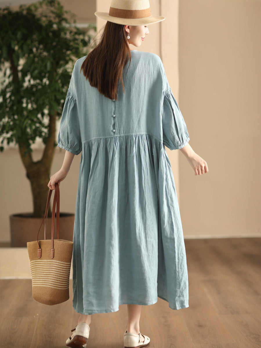 Women Summer Casual Solid Linen Loose Dress