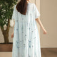 Women Artsy Flower Embroidery O-Neck Thin Ramie Dress