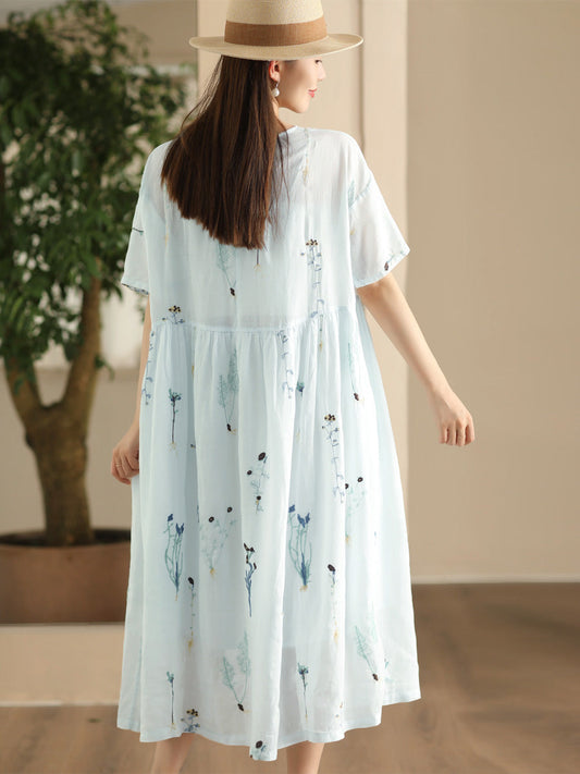 Women Artsy Flower Embroidery O-Neck Thin Ramie Dress