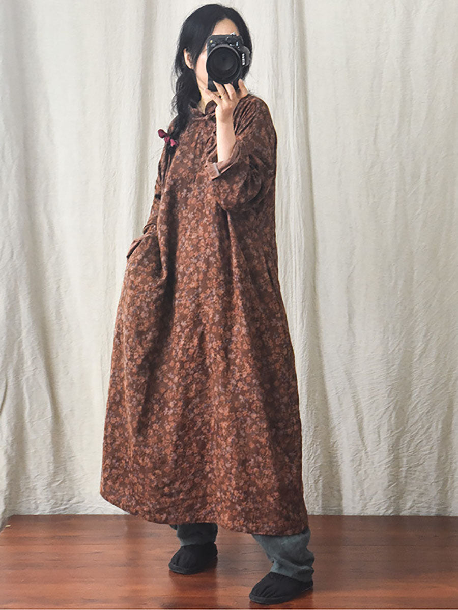 Women Autumn Worn Button Flower Loose Linen Dress