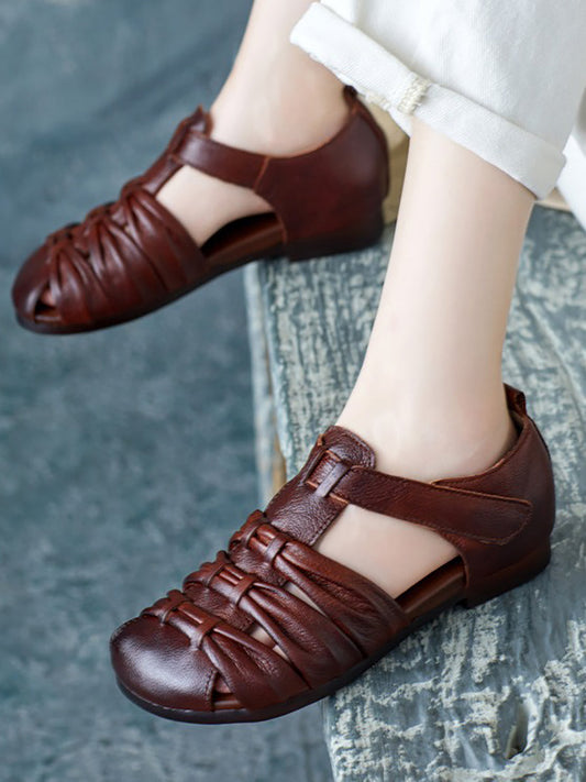 Women Summer Vintage Leather Spliced Falt Sandals