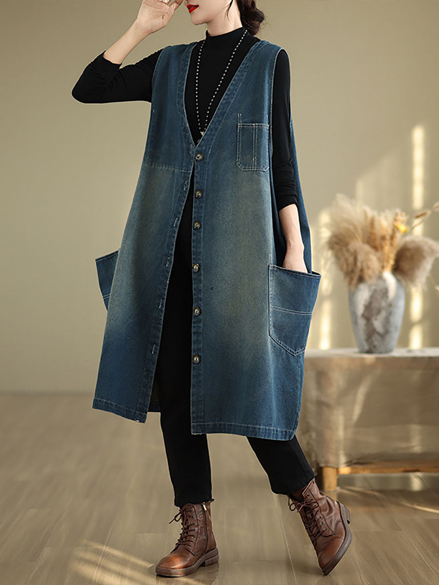 Women Casual Summer Spliced V-Neck Button-up Denim Vest Coat