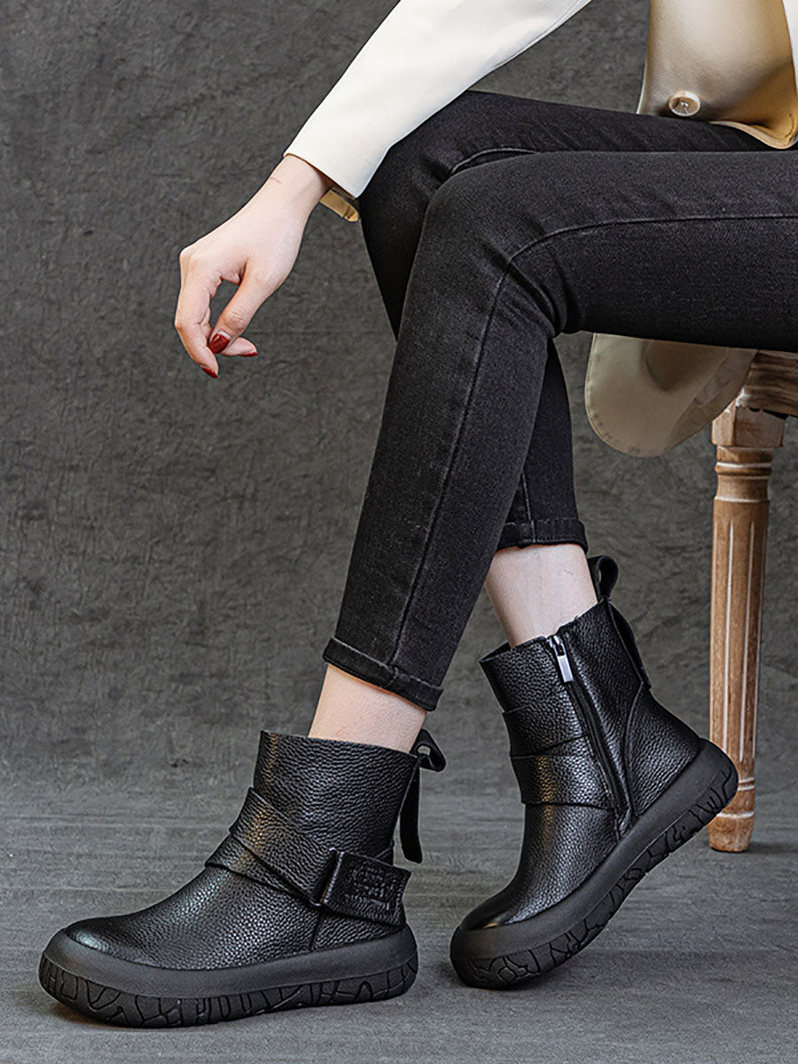 Women Vintage Genuine Leather Spliced Flat Ankle Boots