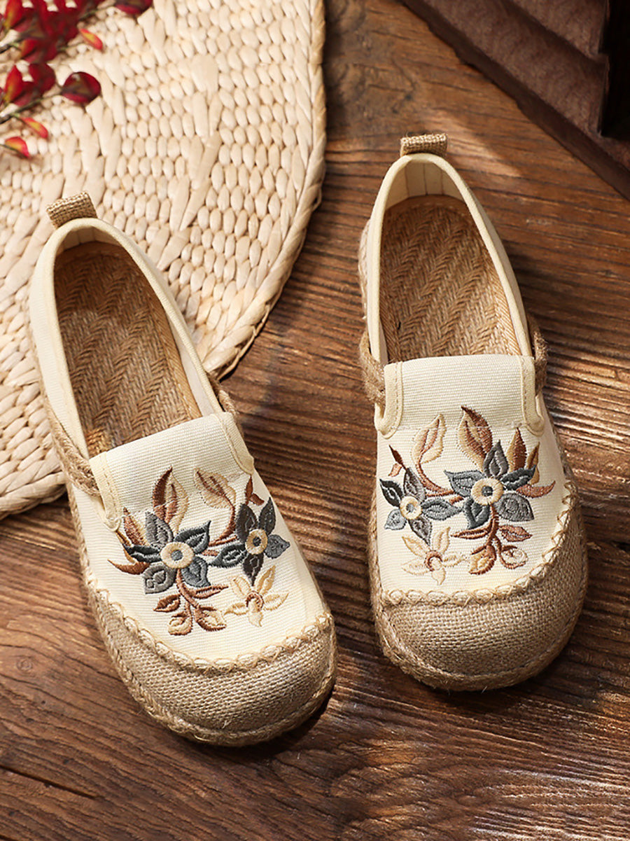 Women Ethnic Flower Embroidery Linen Cotton Flat Shoes