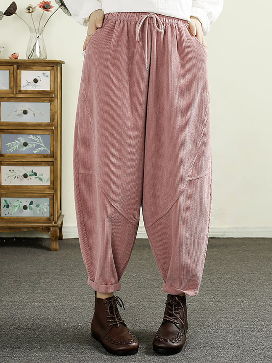 Women Autumn Solid Corduroy Spliced Cotton Harem Pants