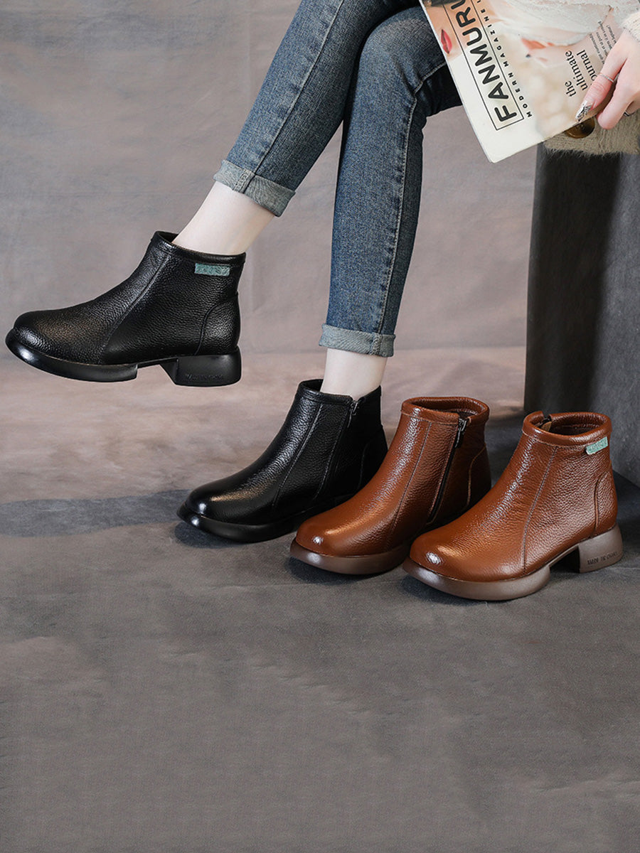 Women Vintage Commute Leather Zipper Mid-Heel Boots