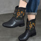 Women Vintage Flower Embroidery Leather Low Heel Boots