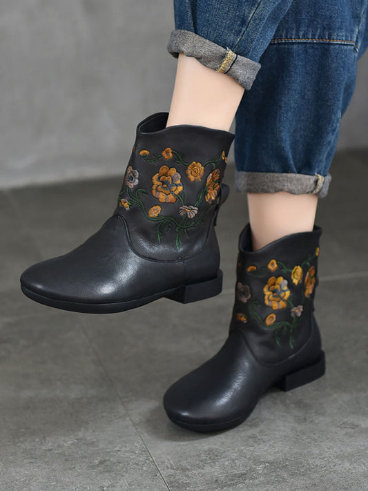 Women Vintage Flower Embroidery Leather Low Heel Boots