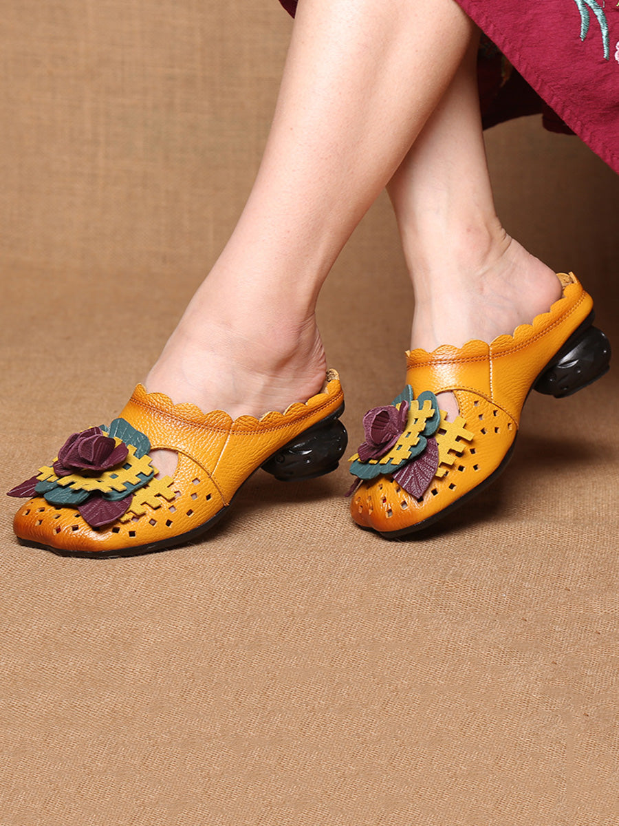 Women Summer Ethnic Leather Flower Spliced Low Heel Sandals