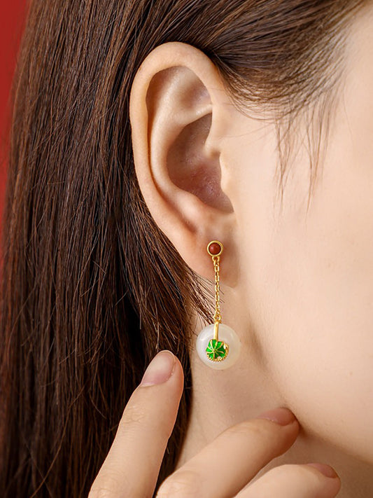 Women Ethnic S925Sliver Gold Plating Jade Pendant Earrings