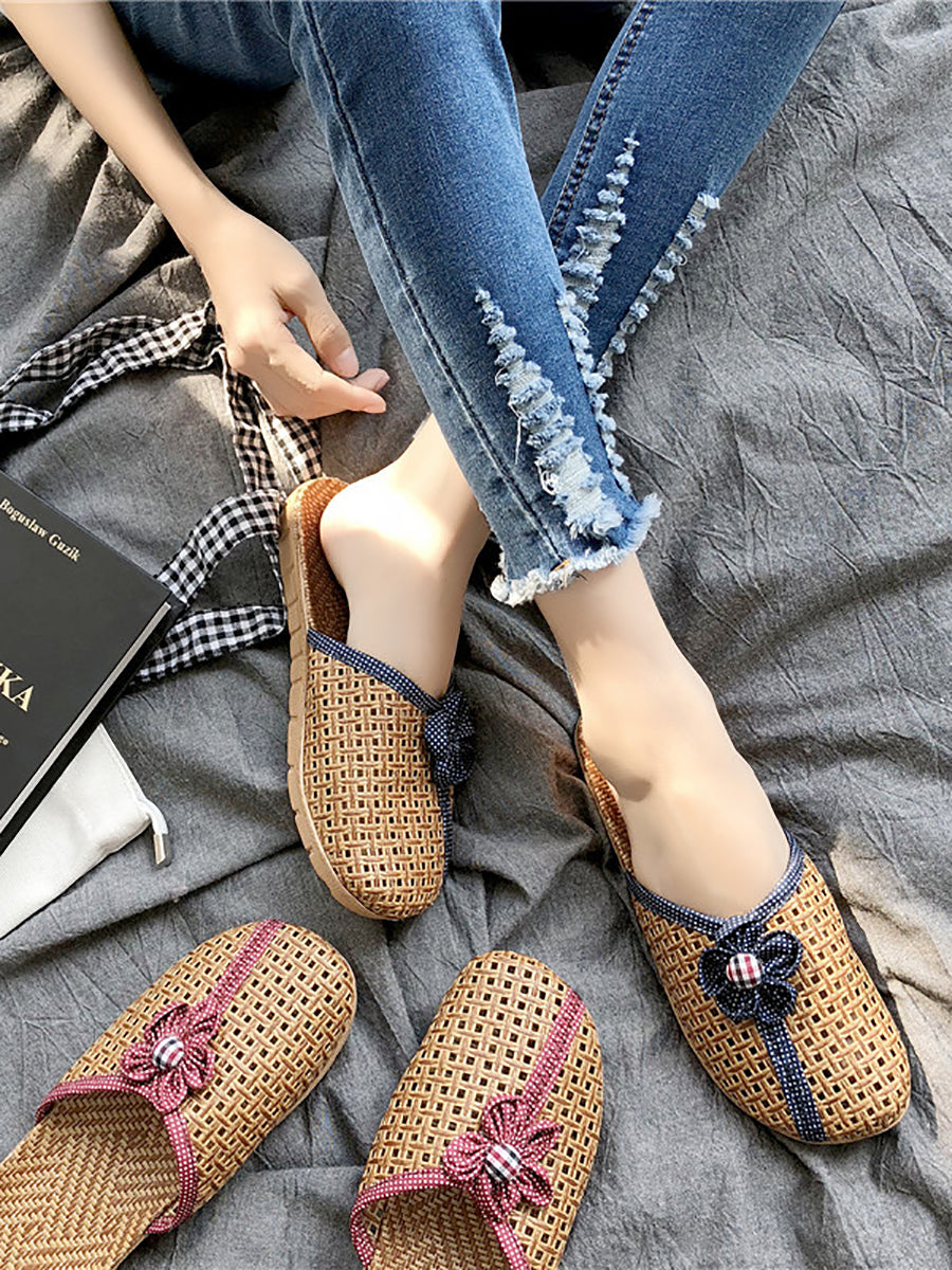 Couple Summer Straw Weave Flower Indoor Flat Slippers