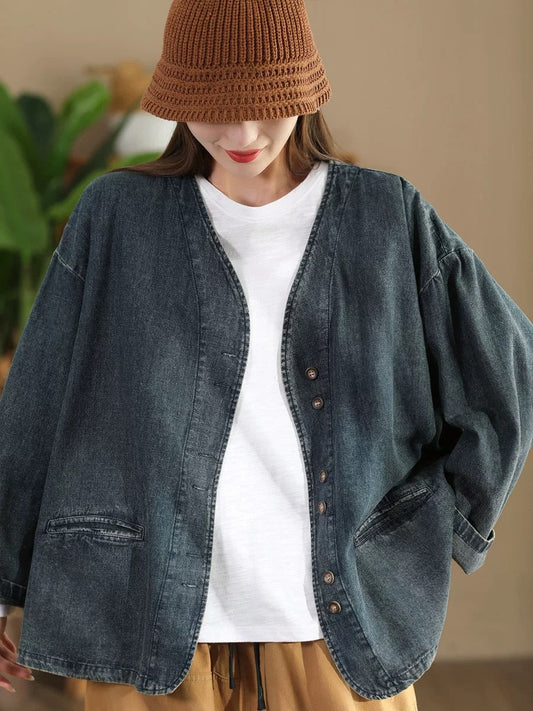 Women Autumn Vintage Pure Color V-Neck Denim Coat