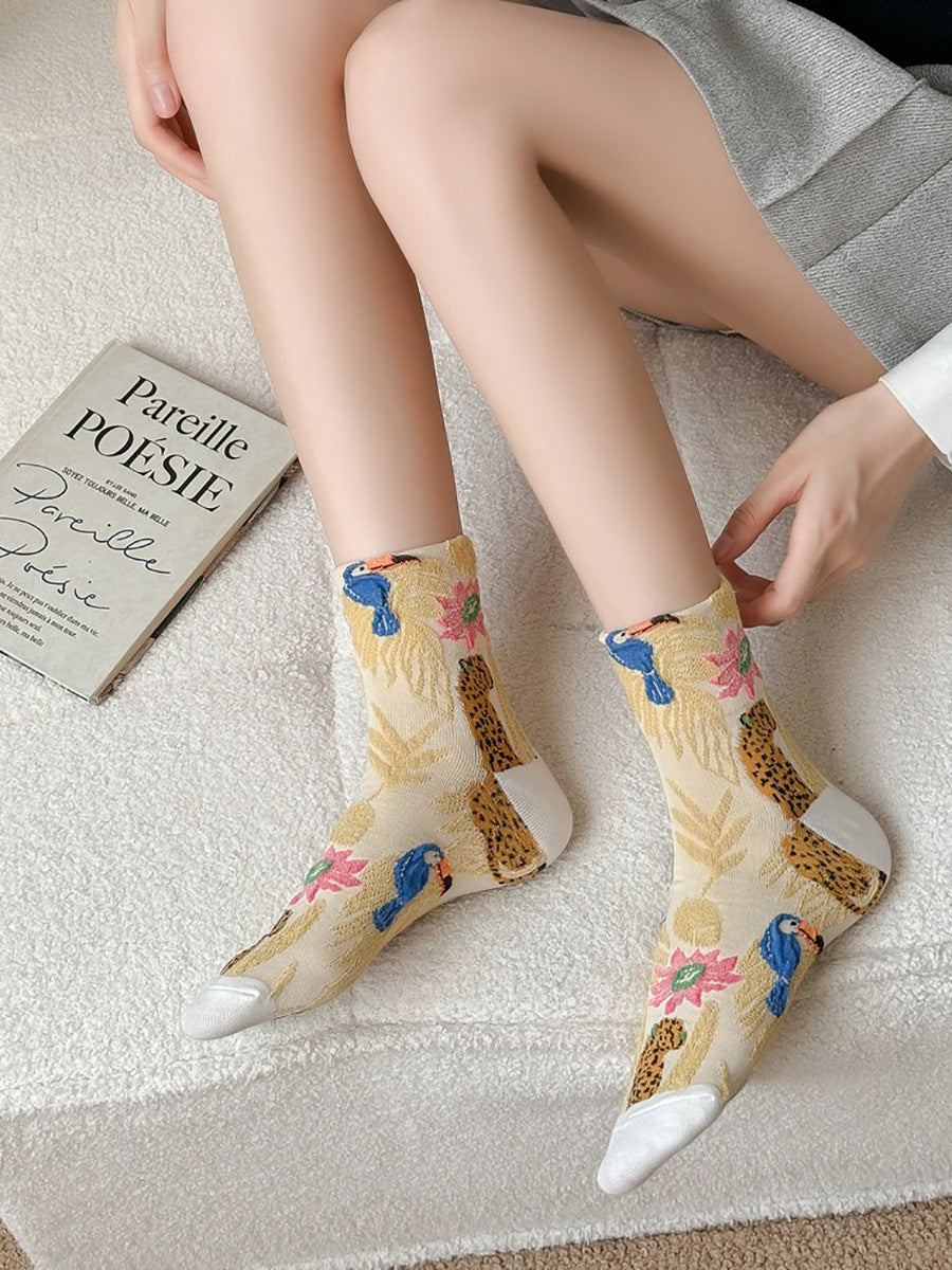 5 Pairs Women Winter Flower Animals Jacquard Socks