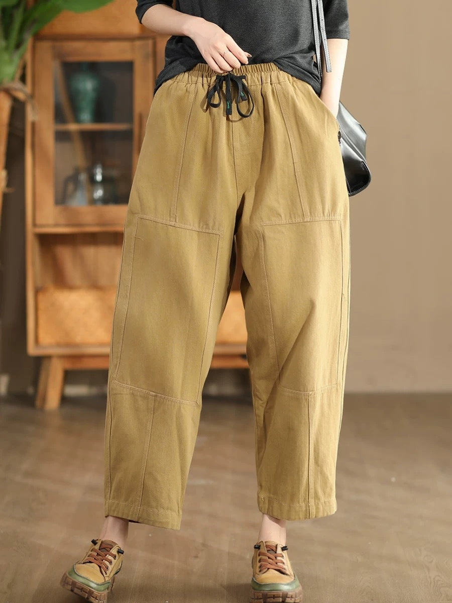 Women Autumn Vintage Solid Spliced Pocket Harem Pants