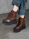 Women Vintage Genuine Leather Fleece-lined Platform Ankle Boots