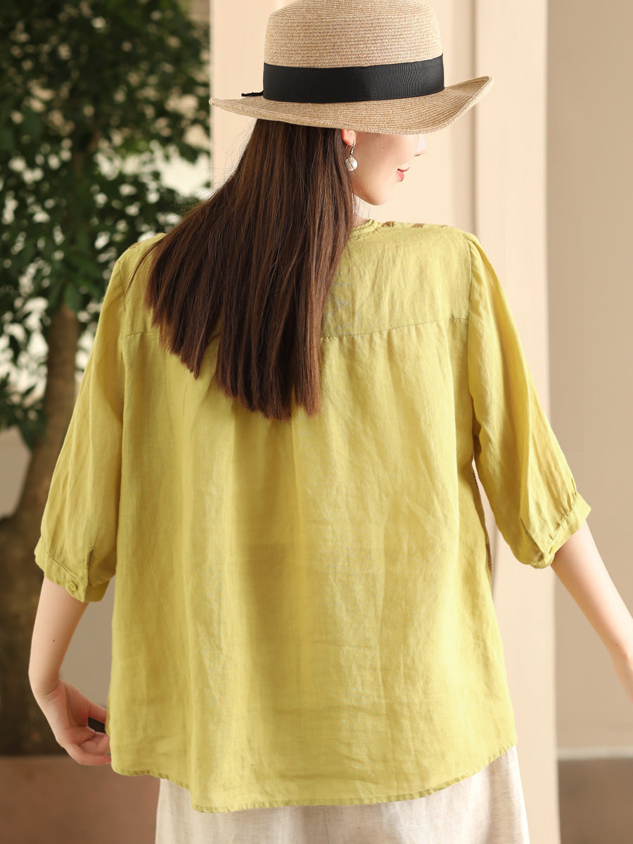 Women Summer Artsy Embroidery V-Neck Ramie Shirt