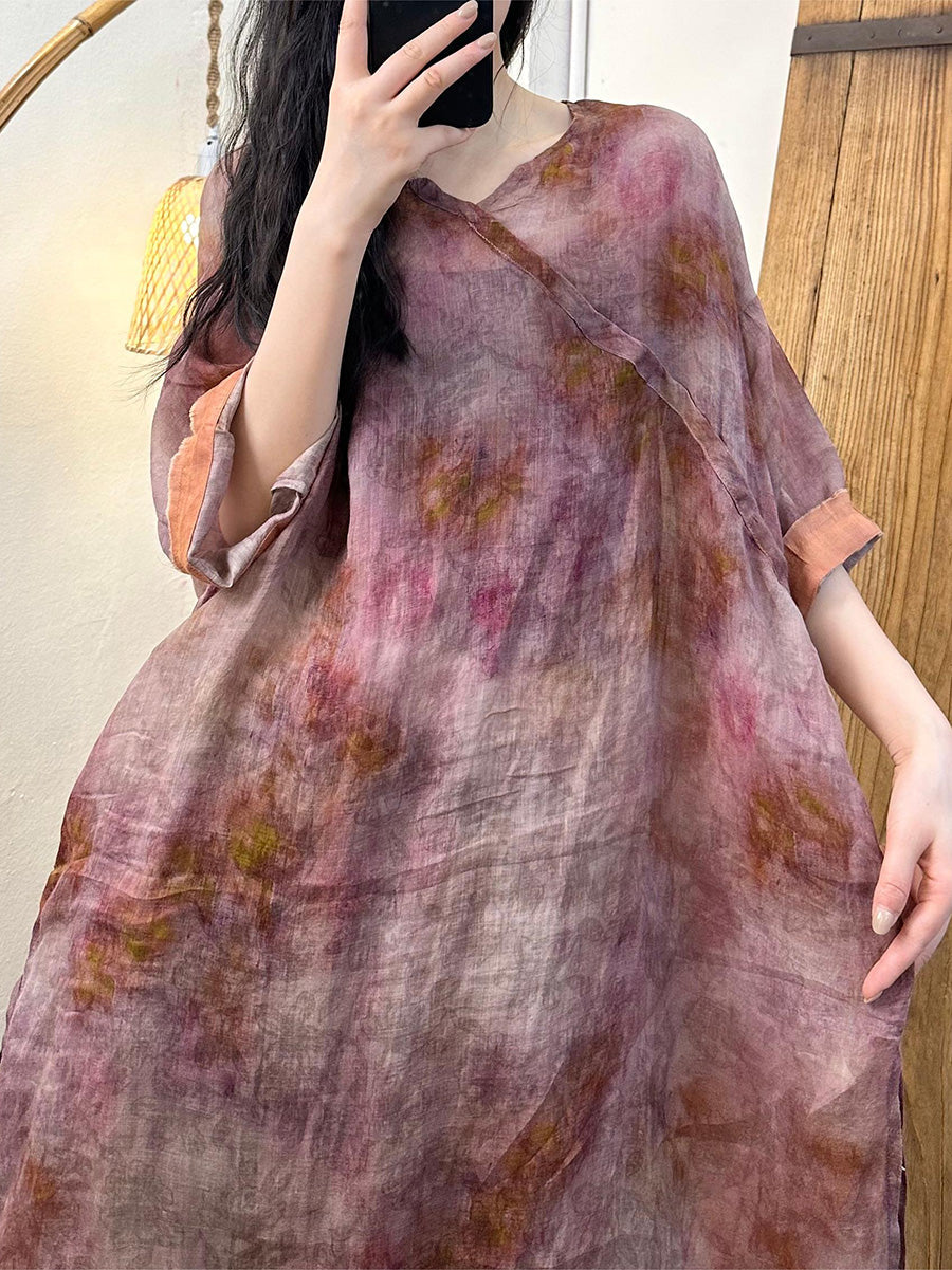 Women Summer Vintage Tie-dye V-Neck Spliced Linen Dress