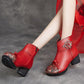 Women Ethnic Autumn Flower Spliced Leather Mid-Heel Boots