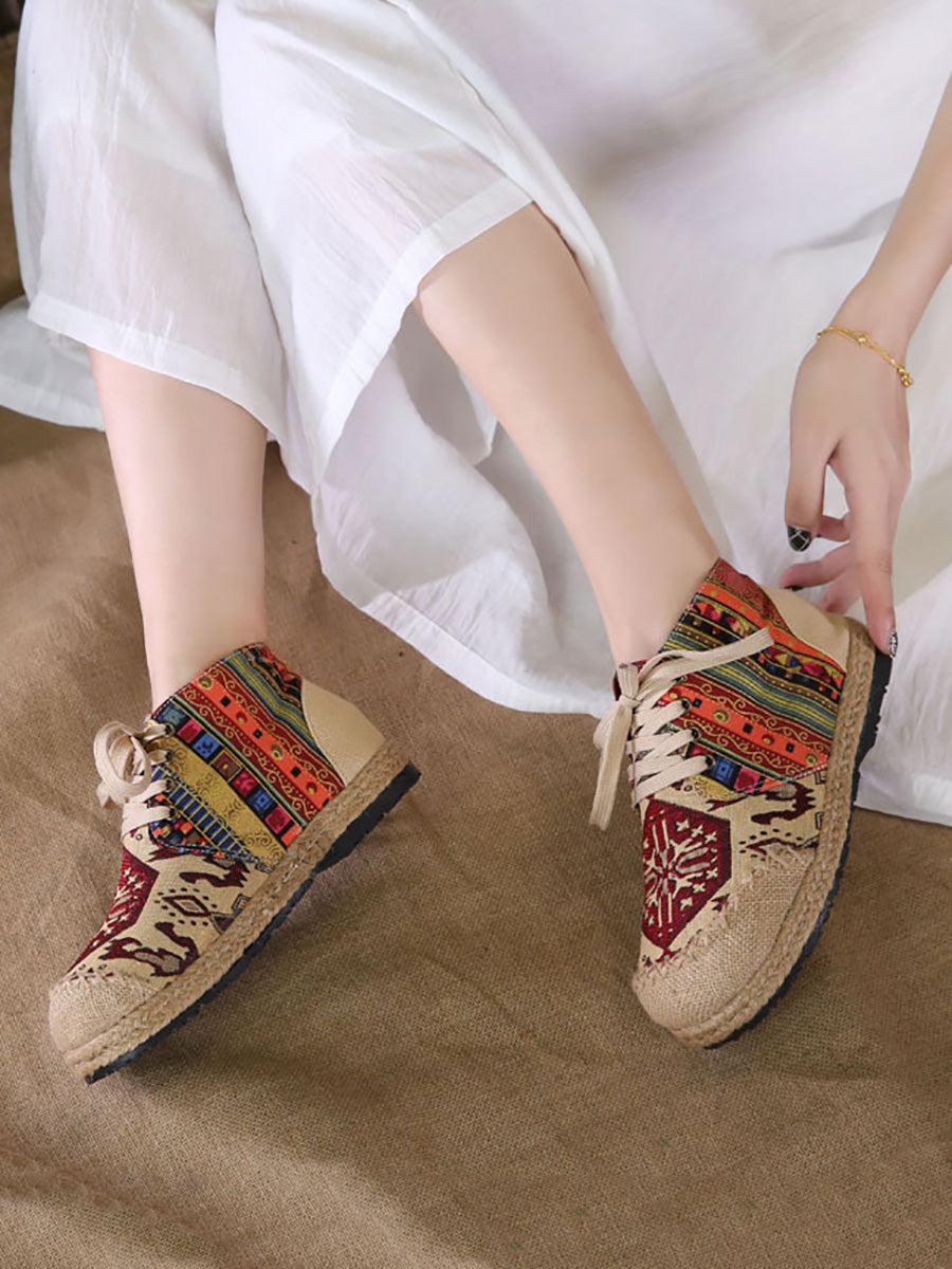 Women Autumn Ethnic Linen Embroidery Ankle Boots